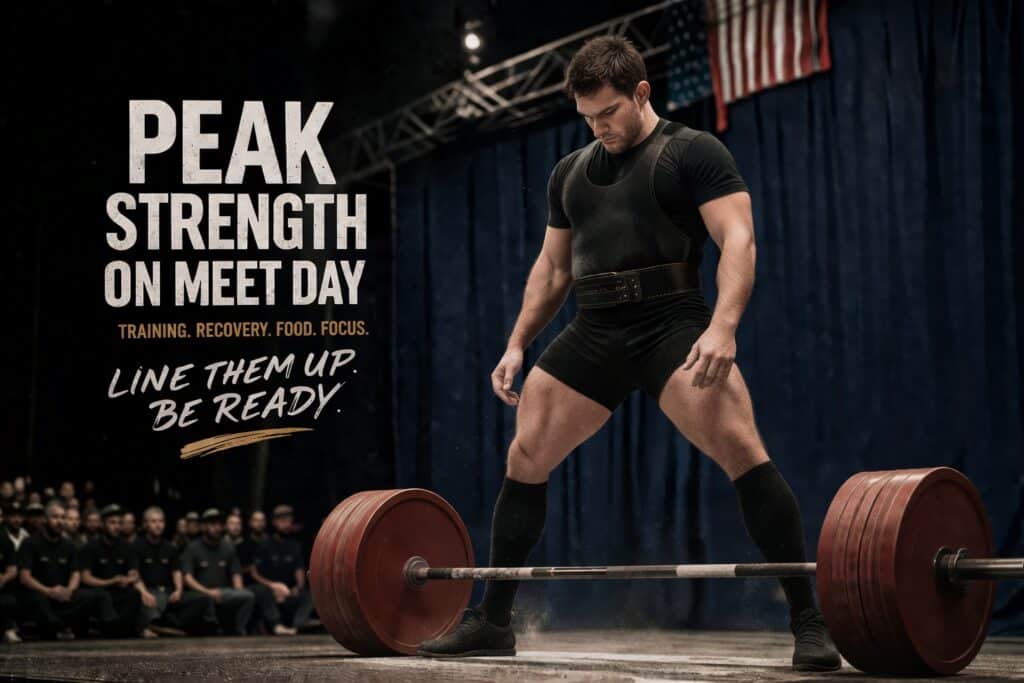 Powerlifter preparing for a heavy sumo deadlift in competition, illustrating peak performance and strength and meet day timing in powerlifting.