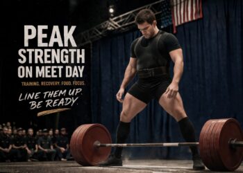 Powerlifter preparing for a heavy sumo deadlift in competition, illustrating peak performance and strength and meet day timing in powerlifting.