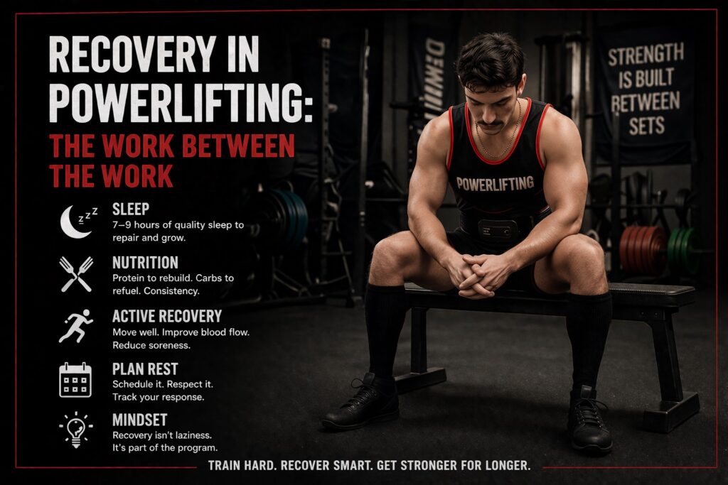 Powerlifter resting on a bench in a gym, illustrating recovery, sleep, nutrition, and active recovery in powerlifting training