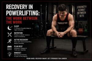 Powerlifter resting on a bench in a gym, illustrating recovery, sleep, nutrition, and active recovery in powerlifting training