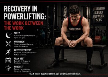 Powerlifter resting on a bench in a gym, illustrating recovery, sleep, nutrition, and active recovery in powerlifting training