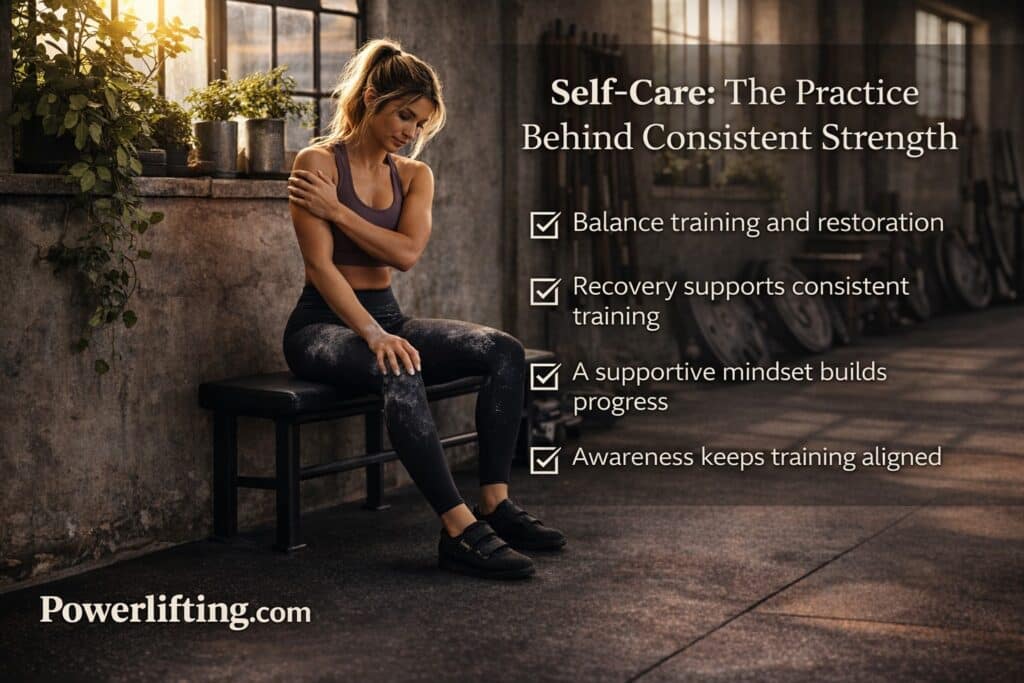 Female powerlifter seated on gym bench massaging shoulder during recovery, wearing flat deadlift shoes with chalk on hands and thighs in a sunlit training environment