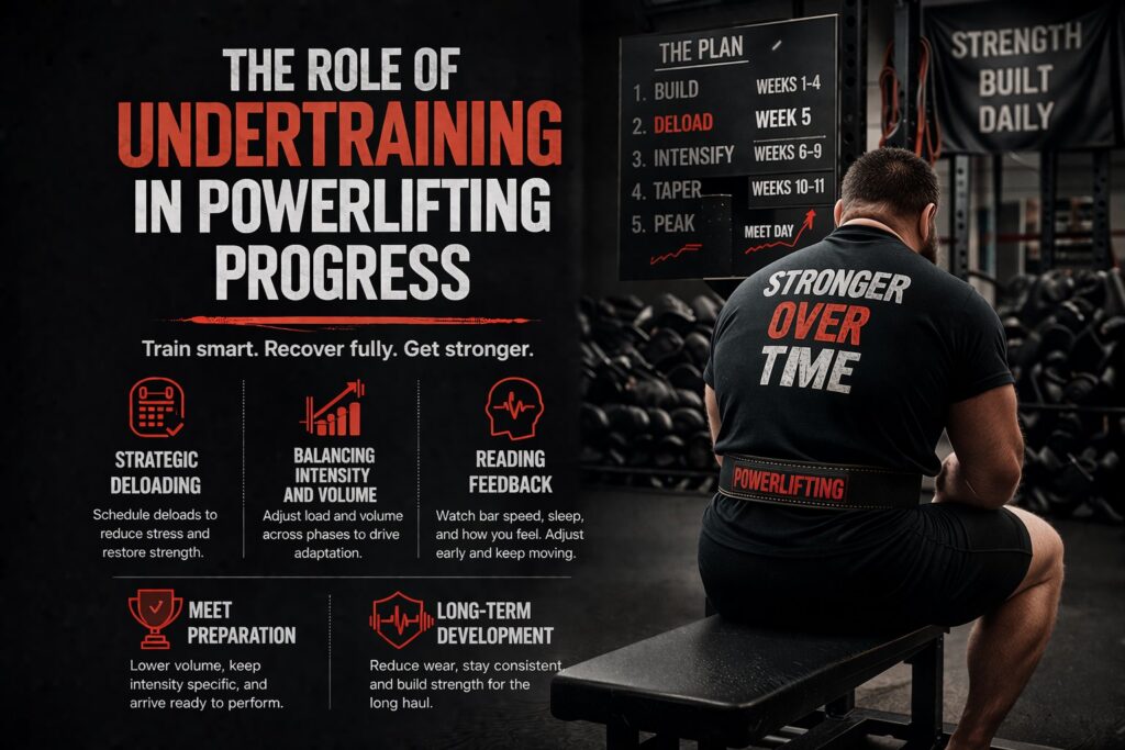 Powerlifting athlete seated on a bench in a gym during a deload phase, illustrating undertraining strategy, recovery, and long-term strength progress in powerlifting training