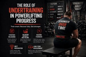 Powerlifting athlete seated on a bench in a gym during a deload phase, illustrating undertraining strategy, recovery, and long-term strength progress in powerlifting training