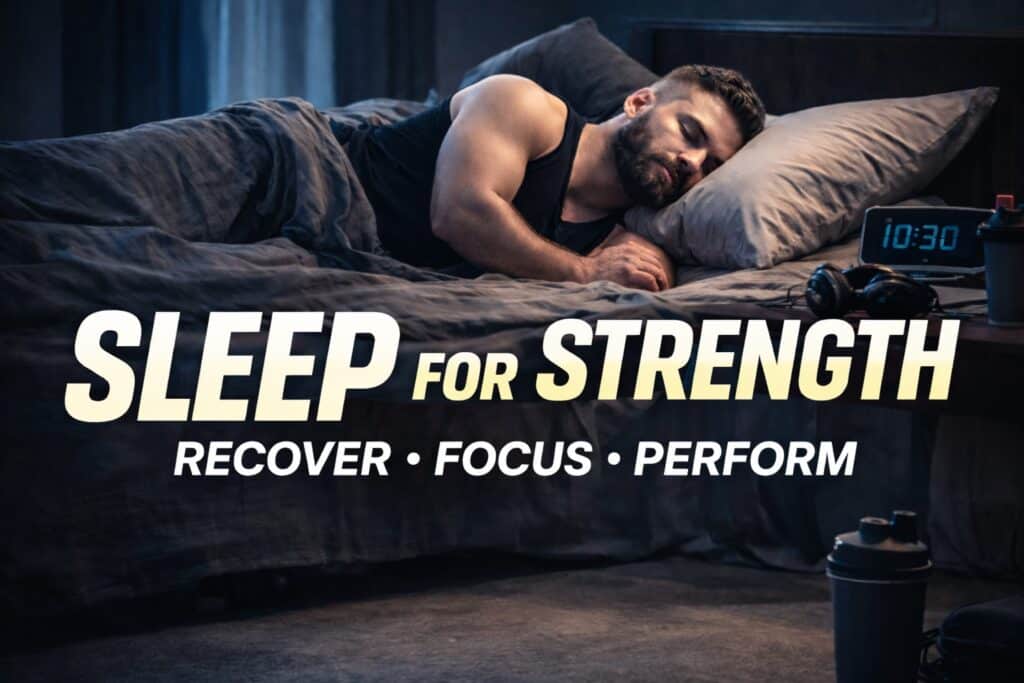 Powerlifter sleeping in dark bedroom showing sleep consistency, recovery, and performance in powerlifting training