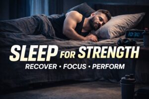 Powerlifter sleeping in dark bedroom showing sleep consistency, recovery, and performance in powerlifting training