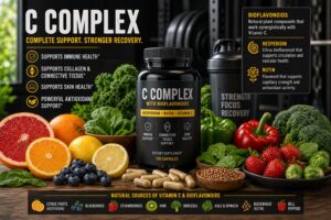 Powerlifting vitamin C complex supplement with citrus fruits, blueberries, leafy greens, and capsules, illustrating bioflavonoids, recovery, and tissue support