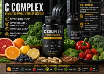 Powerlifting vitamin C complex supplement with citrus fruits, blueberries, leafy greens, and capsules, illustrating bioflavonoids, recovery, and tissue support