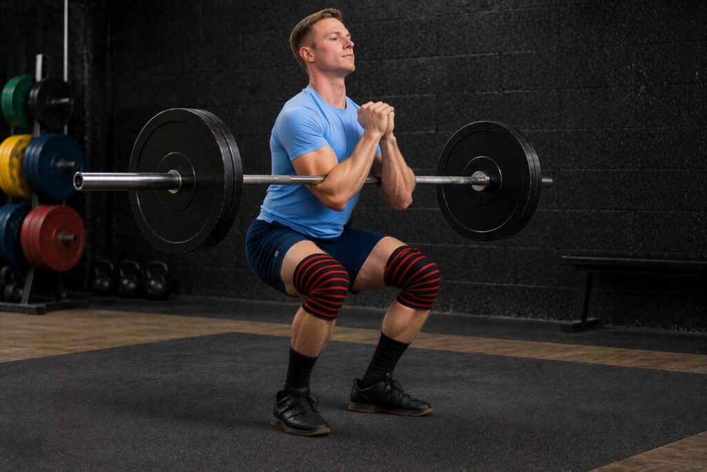 Powerlifter performing Zercher squat in a gym with barbell held in elbow crease, maintaining upright posture and control with knee wraps during mid-squat position