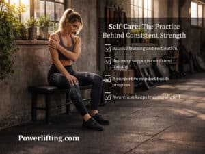 Female powerlifter seated on gym bench massaging shoulder during recovery, wearing flat deadlift shoes with chalk on hands and thighs in a sunlit training environment