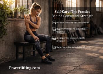 Female powerlifter seated on gym bench massaging shoulder during recovery, wearing flat deadlift shoes with chalk on hands and thighs in a sunlit training environment