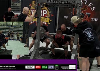 Alexander Scory sets a WRPF Canadian record in the Men's Raw with Wraps Open 110 kilo class with a 387.5 kg squat