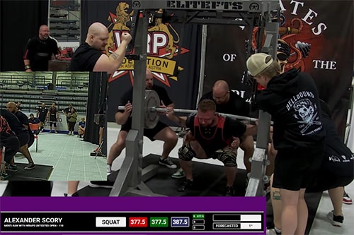 Alexander Scory sets a WRPF Canadian record in the Men's Raw with Wraps Open 110 kilo class with a 387.5 kg squat