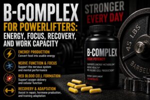 a black supplement bottle labeled “B-COMPLEX High Potency” beside several yellow capsules, with gym weights and a barbell plate in the background. Additional highlighted benefits include energy production, nerve function and focus, red blood cell formation, and recovery and adaptation, alongside matching icon illustrations.