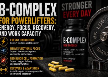 a black supplement bottle labeled “B-COMPLEX High Potency” beside several yellow capsules, with gym weights and a barbell plate in the background. Additional highlighted benefits include energy production, nerve function and focus, red blood cell formation, and recovery and adaptation, alongside matching icon illustrations.