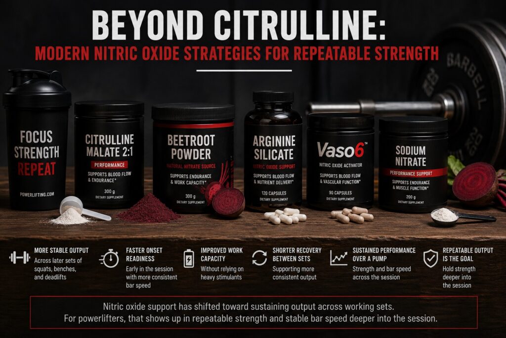 multiple performance supplements including citrulline malate, beetroot powder, arginine silicate, sodium nitrate, and Vaso6 arranged beside a loaded barbell in a dark gym setting. Bold text reads ‘Beyond Citrulline: Modern Nitric Oxide Strategies for Repeatable Strength,’ with supporting points about bar speed, recovery between sets, work capacity, and sustaining performance across training sessions.