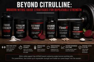 multiple performance supplements including citrulline malate, beetroot powder, arginine silicate, sodium nitrate, and Vaso6 arranged beside a loaded barbell in a dark gym setting. Bold text reads ‘Beyond Citrulline: Modern Nitric Oxide Strategies for Repeatable Strength,’ with supporting points about bar speed, recovery between sets, work capacity, and sustaining performance across training sessions.