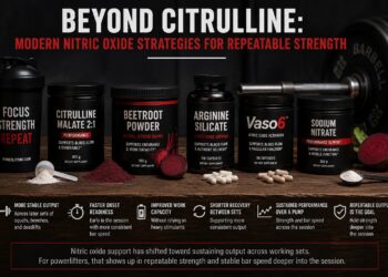 multiple performance supplements including citrulline malate, beetroot powder, arginine silicate, sodium nitrate, and Vaso6 arranged beside a loaded barbell in a dark gym setting. Bold text reads ‘Beyond Citrulline: Modern Nitric Oxide Strategies for Repeatable Strength,’ with supporting points about bar speed, recovery between sets, work capacity, and sustaining performance across training sessions.