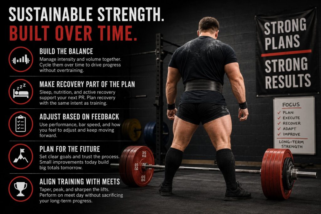 Feature graphic for a powerlifting article on sustainable strength training, showing a focused athlete performing a heavy back squat in a dark gym. Large bold text reads ‘Sustainable Strength — The Balance That Builds Progress,’ alongside colorful icons and sections highlighting workload balance, recovery, training feedback, long-term planning, and meet preparation. The design emphasizes structured, patient, and responsive progress in powerlifting.
