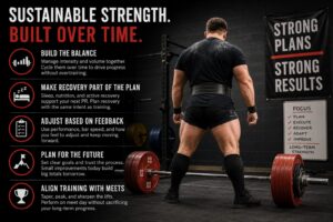 Feature graphic for a powerlifting article on sustainable strength training, showing a focused athlete performing a heavy back squat in a dark gym. Large bold text reads ‘Sustainable Strength — The Balance That Builds Progress,’ alongside colorful icons and sections highlighting workload balance, recovery, training feedback, long-term planning, and meet preparation. The design emphasizes structured, patient, and responsive progress in powerlifting.