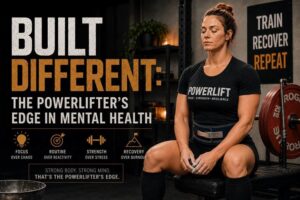 “Built Different: The Powerlifter’s Edge in Mental Health.” A muscular woman powerlifter sits calmly on a bench in a dimly lit gym, wearing a lifting belt and “POWERLIFT” shirt, with loaded barbells beside her. The design highlights mental resilience through powerlifting with phrases including “Focus Over Chaos,” “Routine Over Reactivity,” “Strength Over Stress,” and “Recovery Over Burnout.” A sign in the background reads “Train Recover Repeat,” and the graphic ends with the slogan: “Strong body. Strong mind. That’s the powerlifter’s edge.