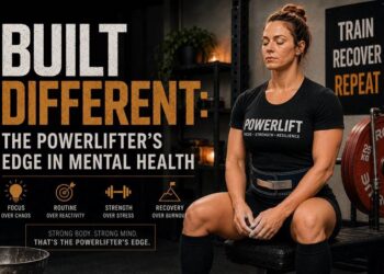 “Built Different: The Powerlifter’s Edge in Mental Health.” A muscular woman powerlifter sits calmly on a bench in a dimly lit gym, wearing a lifting belt and “POWERLIFT” shirt, with loaded barbells beside her. The design highlights mental resilience through powerlifting with phrases including “Focus Over Chaos,” “Routine Over Reactivity,” “Strength Over Stress,” and “Recovery Over Burnout.” A sign in the background reads “Train Recover Repeat,” and the graphic ends with the slogan: “Strong body. Strong mind. That’s the powerlifter’s edge.