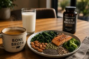 A meal optimized for Joint Durability in Powerlifting including Bone Broth, Milk, Multivitamins, Minerals, Nuts and Seeds, Leafy Greens, and Salmon on a plate.