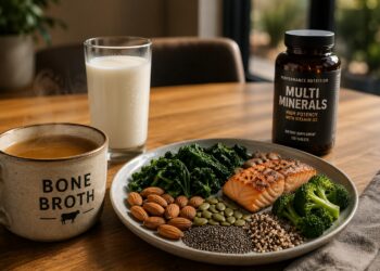 A meal optimized for Joint Durability in Powerlifting including Bone Broth, Milk, Multivitamins, Minerals, Nuts and Seeds, Leafy Greens, and Salmon on a plate.