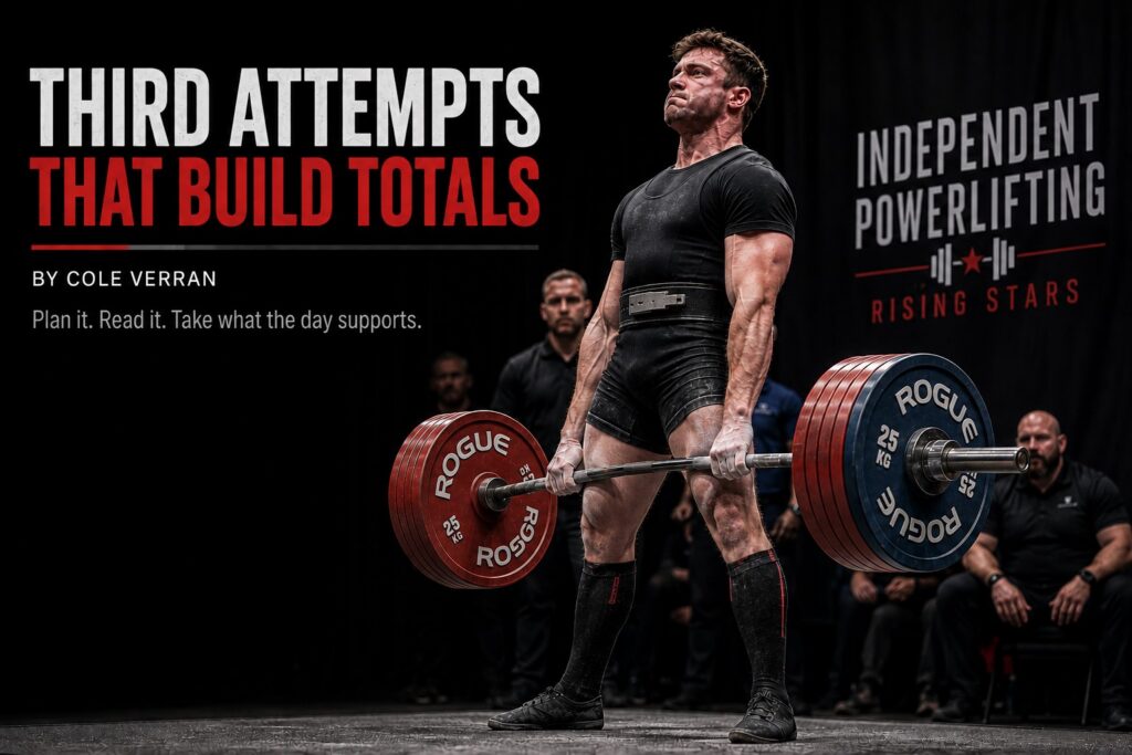 a competitive powerlifter locking out a heavy deadlift on a meet platform under bright stage lighting. Bold text reads ‘Third Attempts That Build Totals,’ alongside competition branding and the phrase ‘Plan it. Read it. Take what the day supports.’ The image emphasizes strategic attempt selection, confidence, and execution under pressure.