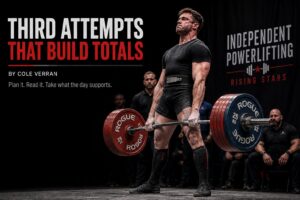 a competitive powerlifter locking out a heavy deadlift on a meet platform under bright stage lighting. Bold text reads ‘Third Attempts That Build Totals,’ alongside competition branding and the phrase ‘Plan it. Read it. Take what the day supports.’ The image emphasizes strategic attempt selection, confidence, and execution under pressure.