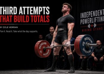 a competitive powerlifter locking out a heavy deadlift on a meet platform under bright stage lighting. Bold text reads ‘Third Attempts That Build Totals,’ alongside competition branding and the phrase ‘Plan it. Read it. Take what the day supports.’ The image emphasizes strategic attempt selection, confidence, and execution under pressure.