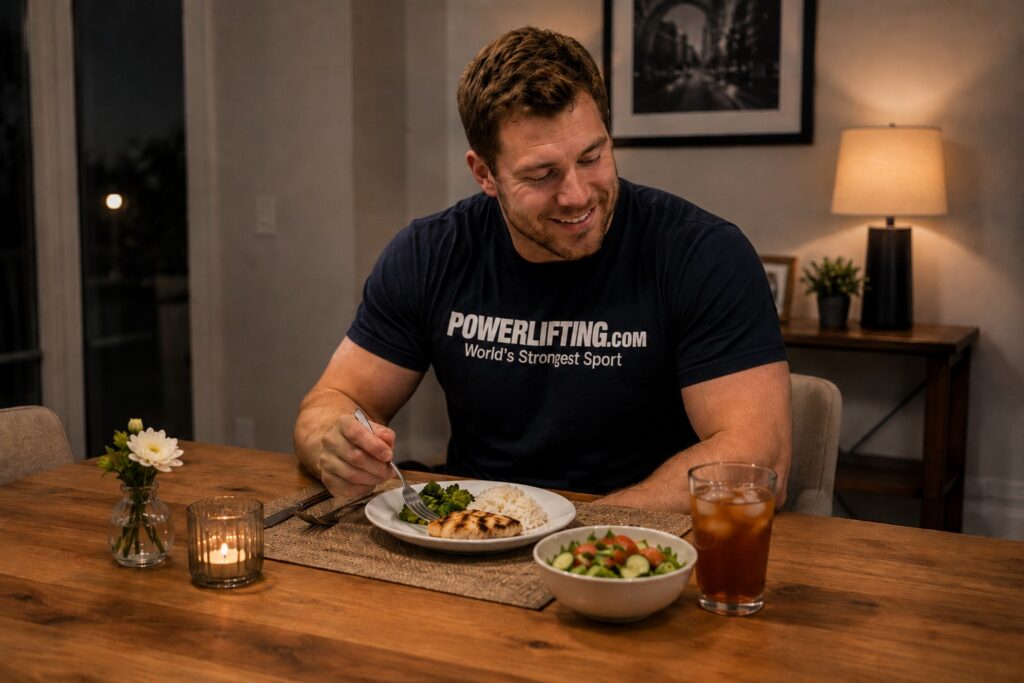 Powerlifter eating a balanced high-protein dinner with chicken, rice, vegetables, and salad to support carb cycling for powerlifters, making weight, fueling big lifts, managing bodyweight, muscle recovery, and strength performance.