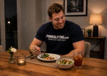 Powerlifter eating a balanced high-protein dinner with chicken, rice, vegetables, and salad to support carb cycling for powerlifters, making weight, fueling big lifts, managing bodyweight, muscle recovery, and strength performance.