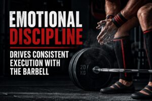 The Text Emotional Discipline drives consistent execution with the barbell is overlayed over an image of a powerlifter standing behind a loaded barbell. The lifter is chalking his hands and preparing for a deadlift.