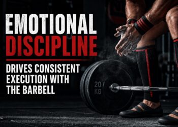 The Text Emotional Discipline drives consistent execution with the barbell is overlayed over an image of a powerlifter standing behind a loaded barbell. The lifter is chalking his hands and preparing for a deadlift.