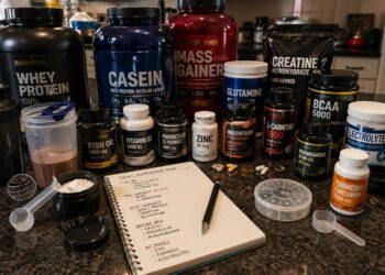 A spread of supplements such as protein powder, Fish Oil, Vitamin D3, Magnesium Glycinate, and Zinc beside a dietary journal for a powerlifter fueling long cycles of training with a practical nutrition approach.