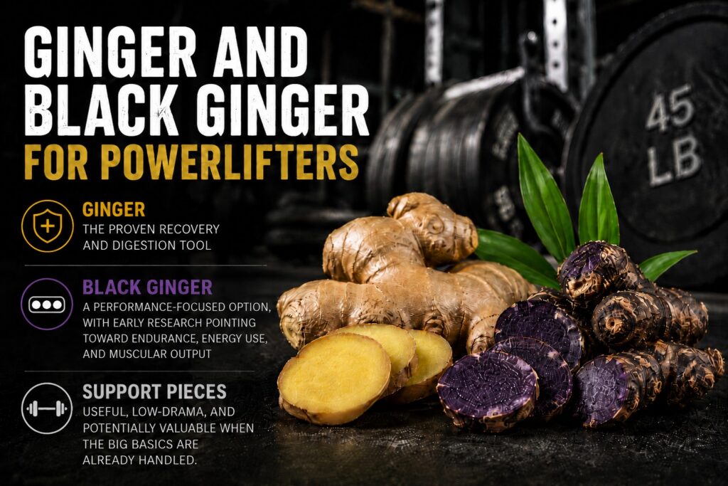 A promotional fitness graphic comparing ginger and black ginger for powerlifters. Large bold text reads “Ginger and Black Ginger for Powerlifters.” The background shows a dimly lit gym with barbells and 45-pound weight plates. In the foreground are fresh ginger roots and sliced yellow ginger alongside dark purple-black sliced black ginger with green leaves.