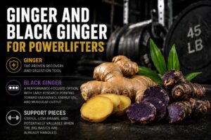 A promotional fitness graphic comparing ginger and black ginger for powerlifters. Large bold text reads “Ginger and Black Ginger for Powerlifters.” The background shows a dimly lit gym with barbells and 45-pound weight plates. In the foreground are fresh ginger roots and sliced yellow ginger alongside dark purple-black sliced black ginger with green leaves.