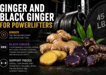 A promotional fitness graphic comparing ginger and black ginger for powerlifters. Large bold text reads “Ginger and Black Ginger for Powerlifters.” The background shows a dimly lit gym with barbells and 45-pound weight plates. In the foreground are fresh ginger roots and sliced yellow ginger alongside dark purple-black sliced black ginger with green leaves.