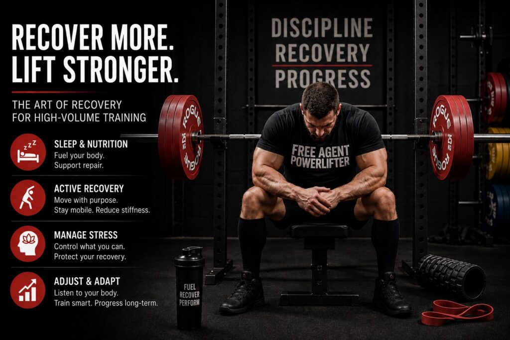 a muscular lifter seated in a gym between heavy squat racks and loaded barbells, resting with head down after training. Large bold text reads ‘Recover More. Lift Stronger. The Art of Recovery for High-Volume Training,’ alongside sections highlighting sleep and nutrition, active recovery, stress management, and adapting training. The image emphasizes disciplined recovery as part of long-term strength progress.