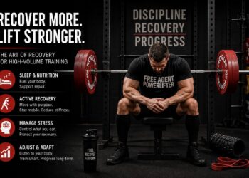 a muscular lifter seated in a gym between heavy squat racks and loaded barbells, resting with head down after training. Large bold text reads ‘Recover More. Lift Stronger. The Art of Recovery for High-Volume Training,’ alongside sections highlighting sleep and nutrition, active recovery, stress management, and adapting training. The image emphasizes disciplined recovery as part of long-term strength progress.