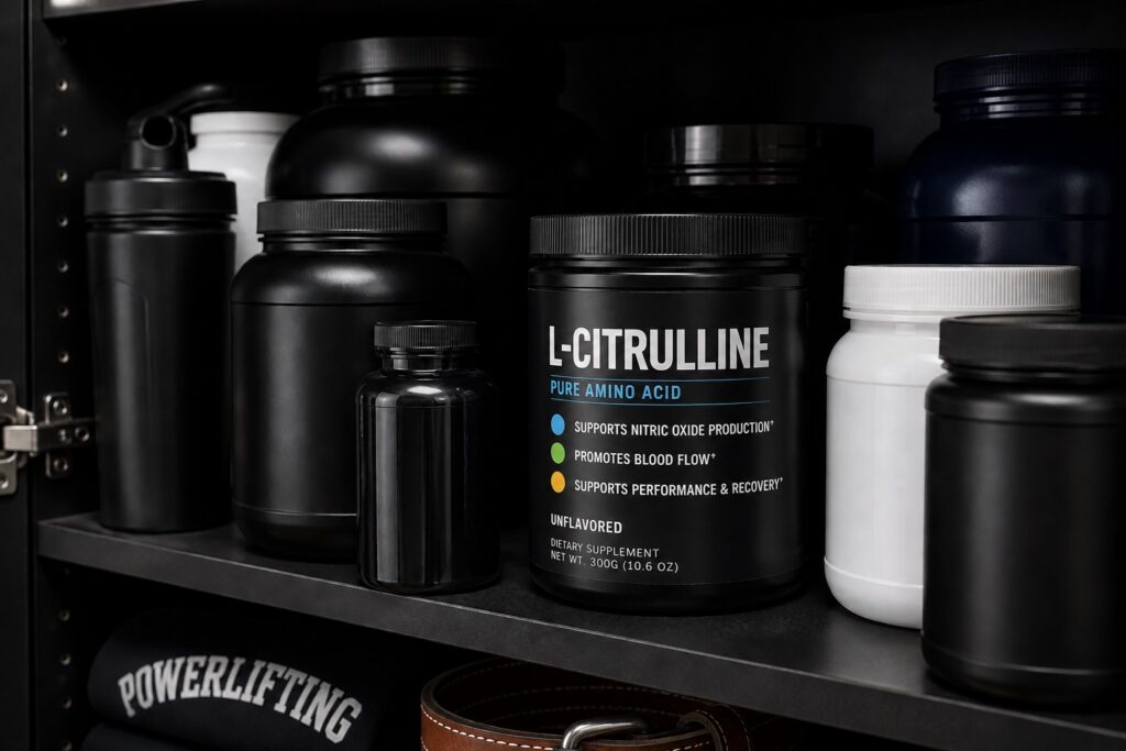 L-citrulline supplement in cabinet with powerlifting supplements and bottles
