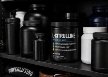 L-citrulline supplement in cabinet with powerlifting supplements and bottles