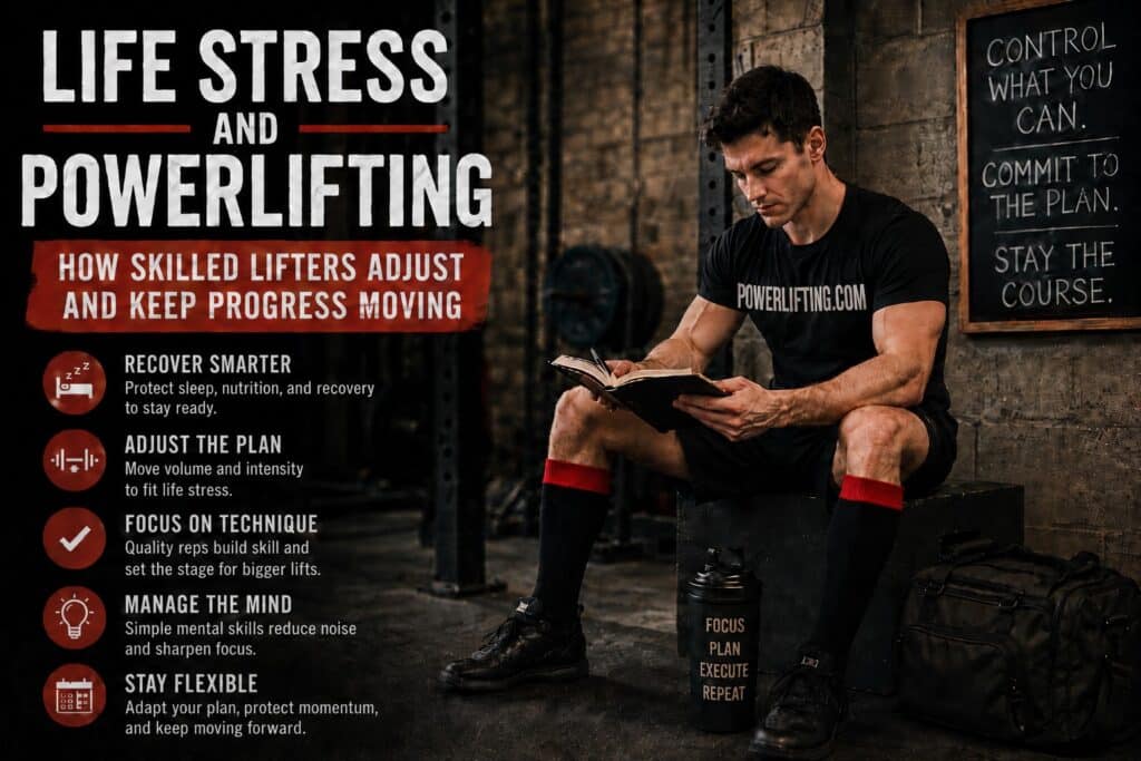 Life Stress and Powerlifting: Skilled Lifters Adjust Training, Recovery, and Mindset to Keep Progress Moving Despite Daily Stressors. Athlete Reading in Gym Before Workout While Focusing on Recovery, Technique, Flexible Programming, Sleep, Nutrition, and Mental Focus for Strength Performance and Long-Term Powerlifting Success.