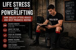 Life Stress and Powerlifting: Skilled Lifters Adjust Training, Recovery, and Mindset to Keep Progress Moving Despite Daily Stressors. Athlete Reading in Gym Before Workout While Focusing on Recovery, Technique, Flexible Programming, Sleep, Nutrition, and Mental Focus for Strength Performance and Long-Term Powerlifting Success.