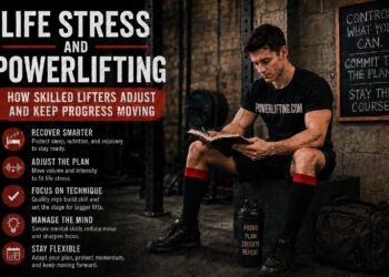 Life Stress and Powerlifting: Skilled Lifters Adjust Training, Recovery, and Mindset to Keep Progress Moving Despite Daily Stressors. Athlete Reading in Gym Before Workout While Focusing on Recovery, Technique, Flexible Programming, Sleep, Nutrition, and Mental Focus for Strength Performance and Long-Term Powerlifting Success.
