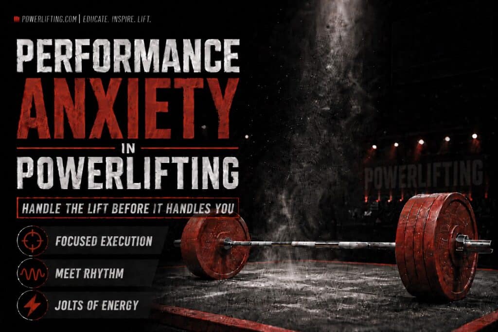Large distressed white and red text reads “Performance Anxiety in Powerlifting” with the subtitle “Handle the Lift Before It Handles You.” The background shows a dramatic gym or competition stage scene with a heavily loaded barbell resting on the floor under smoky lighting and red spotlights. On the left side, three highlighted themes are listed with icons: “Focused Execution,” “Meet Rhythm,” and “Jolts of Energy.” The design uses black, red, and white tones to create an intense, motivational atmosphere associated with strength sports and competition.