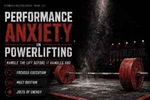 Large distressed white and red text reads “Performance Anxiety in Powerlifting” with the subtitle “Handle the Lift Before It Handles You.” The background shows a dramatic gym or competition stage scene with a heavily loaded barbell resting on the floor under smoky lighting and red spotlights. On the left side, three highlighted themes are listed with icons: “Focused Execution,” “Meet Rhythm,” and “Jolts of Energy.” The design uses black, red, and white tones to create an intense, motivational atmosphere associated with strength sports and competition.
