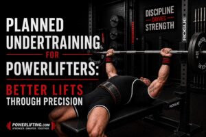 Powerlifter bench press with wrist wraps and barbell in gym, planned undertraining concept