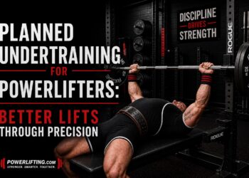 Powerlifter bench press with wrist wraps and barbell in gym, planned undertraining concept